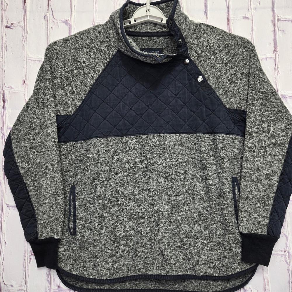 Abercrombie Fitch Fleece Quilted Snap Mock Neck Pullover Sweater Gray Women Sz L
